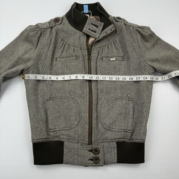 O’Neill Y2K Women’s Wool Blend Herringbone Bomber Jacket M Brown Zip Tweed - Picture 12 of 16